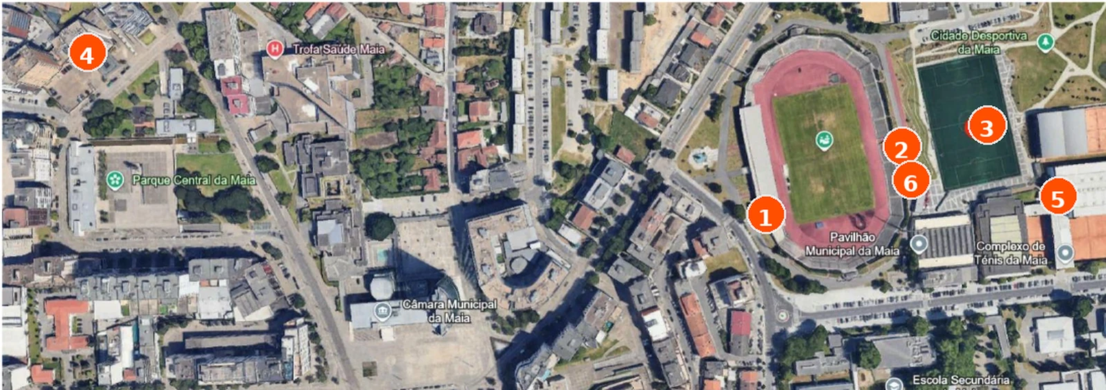 Mapa de satélite do recinto do Meeting Maia, com os pontos numerados da entrada principal, câmara de chamada, zona de aquecimento, hotel, restaurante e apoio médico
